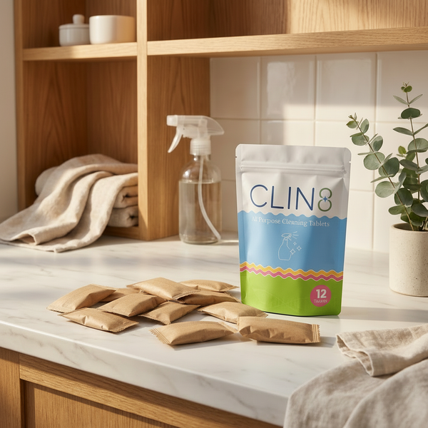 CLIN8 cleaning tablets in brown wrappers