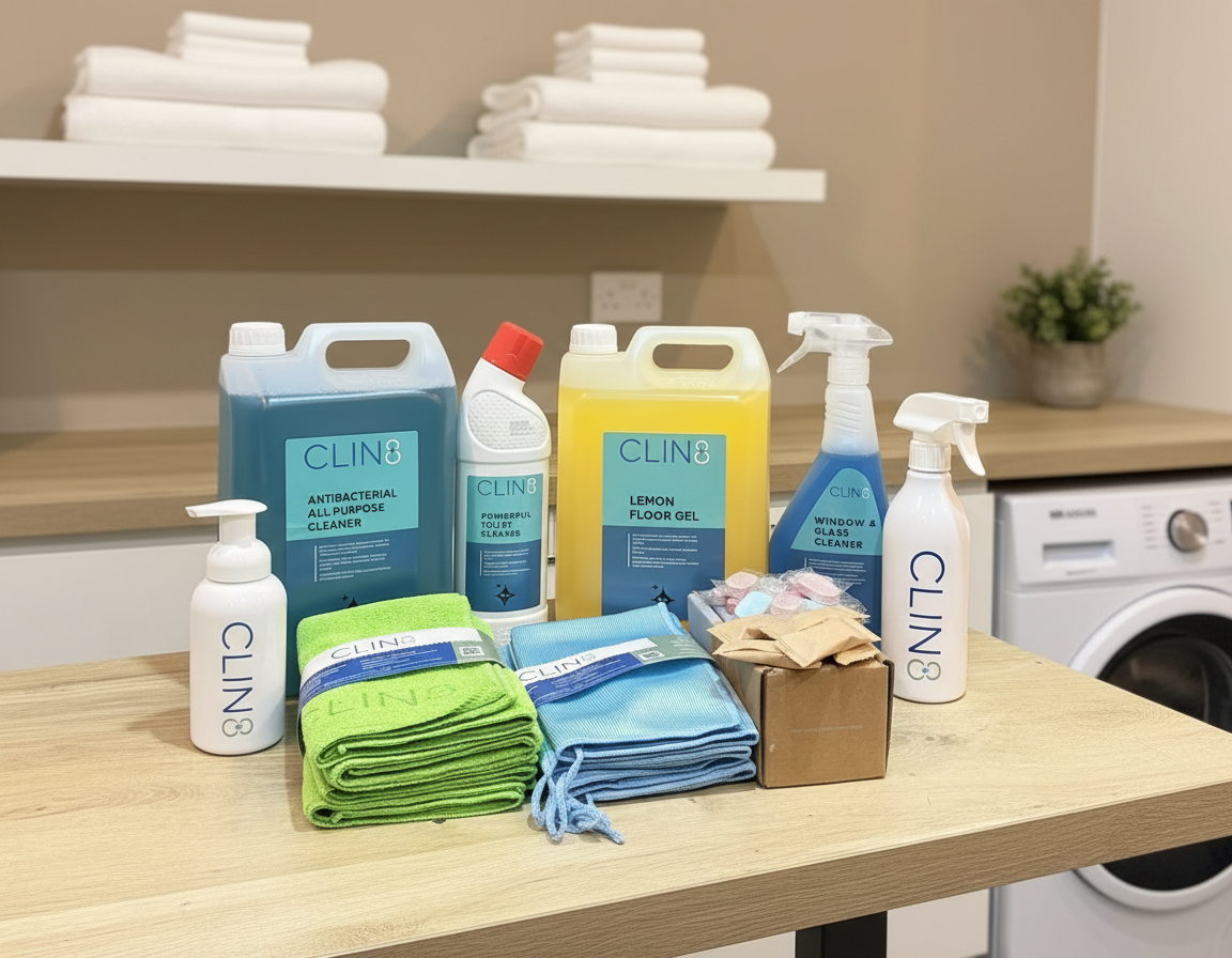 CLIN8 cleaning solutions including antibacterial spray and all-purpose cleaner, toilet cleaner and lemon floor gel cleaner