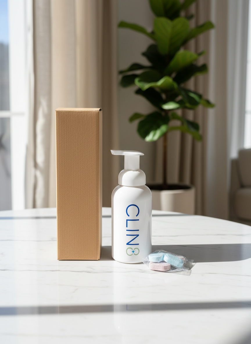CLIN8 product cleaning solutions including antibacterial spray and all-purpose cleaner