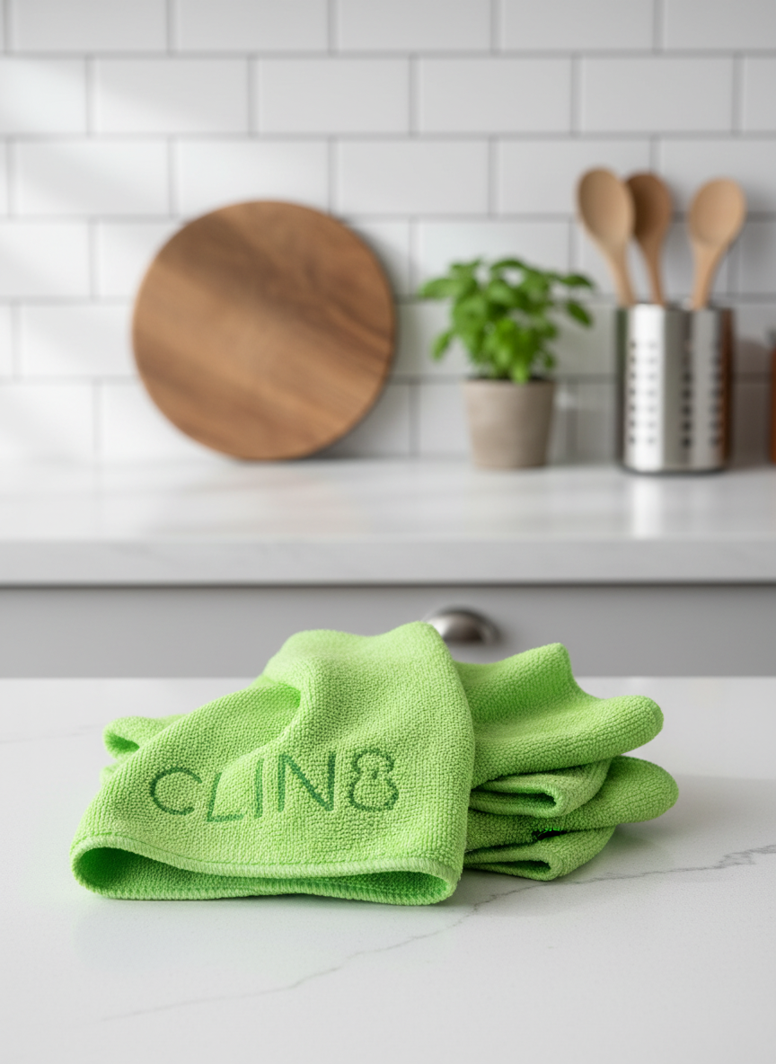 CLIN8 towel on fresh kitchen counter